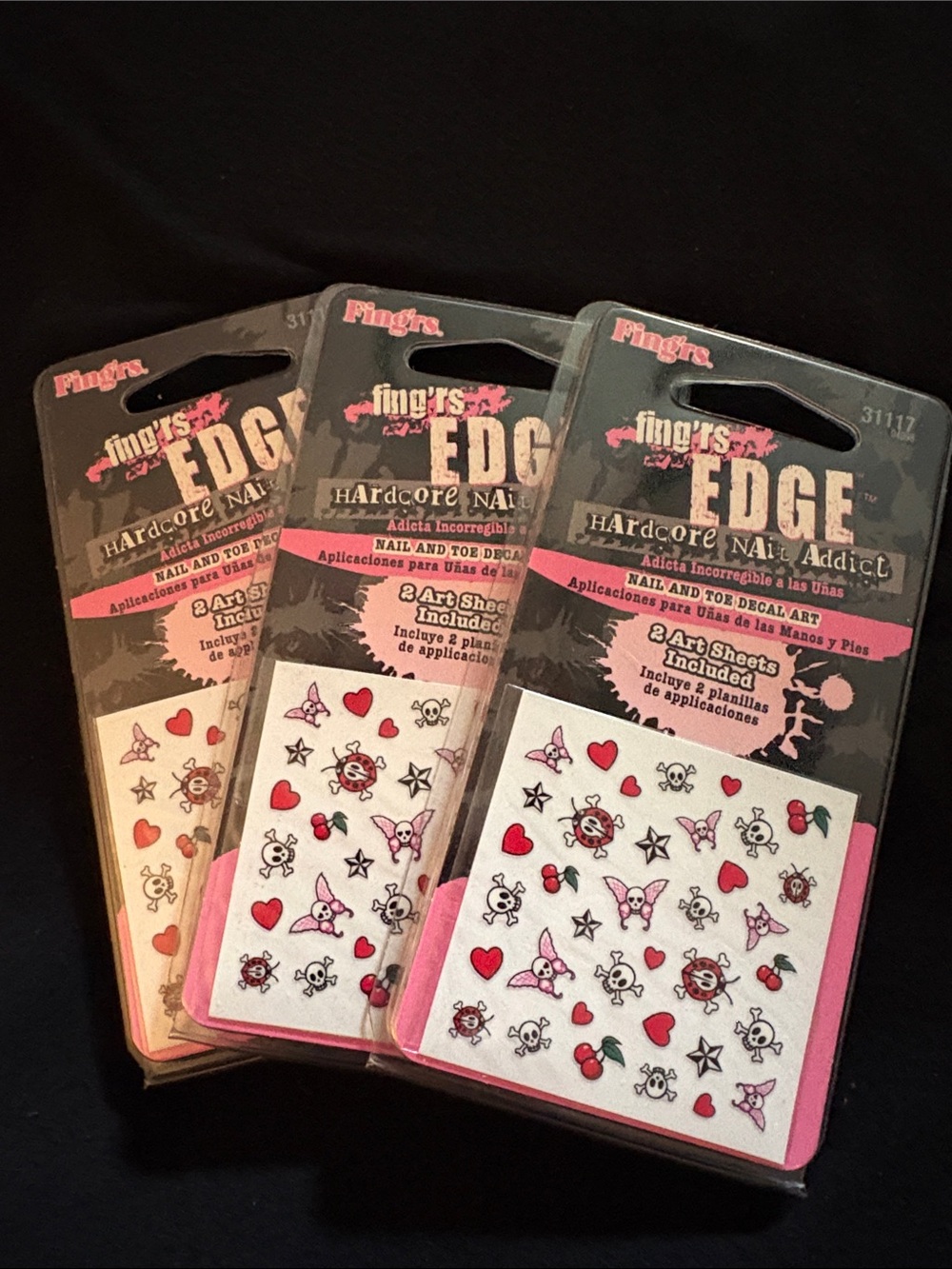 Fing’rs Edge Pink Skull & Heart Nail Art Decals LOT of 3 Packs